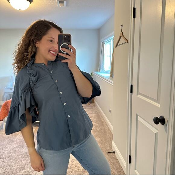 Tuckernuck TISH COX Blue Button Front Ruffled Top Blouse XS - Picture 8 of 15